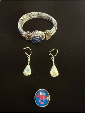 Charm Bracelet with Blue 'S' Charm and Cubs Baseball Charm with earrings